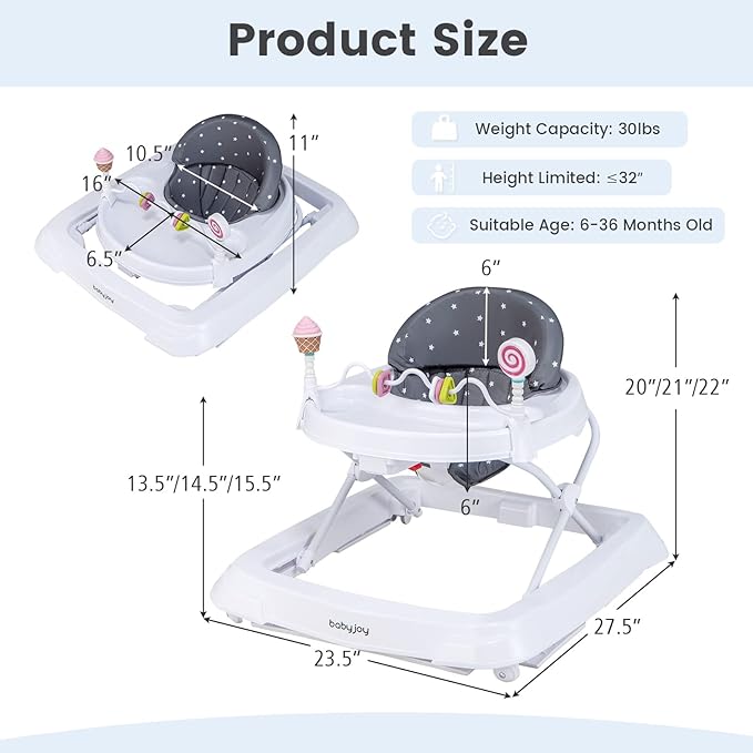 BABY JOY Baby Walker, Foldable Activity Walker with Adjustable Height, Large Tray & Removable Toys, Baby Walker with Wheels for Boys Girls 6-18 Months (Gray, Star Pattern)