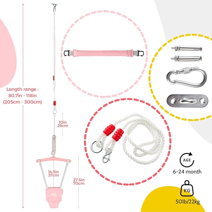 FUNLIO 2 in 1 Baby Jumper with a Ceiling Hook, Baby Walking Harness for 6-24 Months, Infant Jumper for Indoor/Outdoor Play, Infant Jumper Doorway with Adjustable Chain, Easy to Assemble & Store - Pink