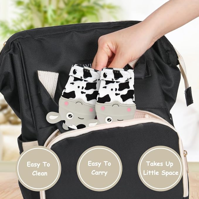 2Pack Silicone Teething Mitt, Cow Baby Teething Toy for 0-6 6-12 Months, Food Grade Silicone Infant Teething Mitten, BPA-Free Baby Chew Toys for Pain Relief, Sucking Needs