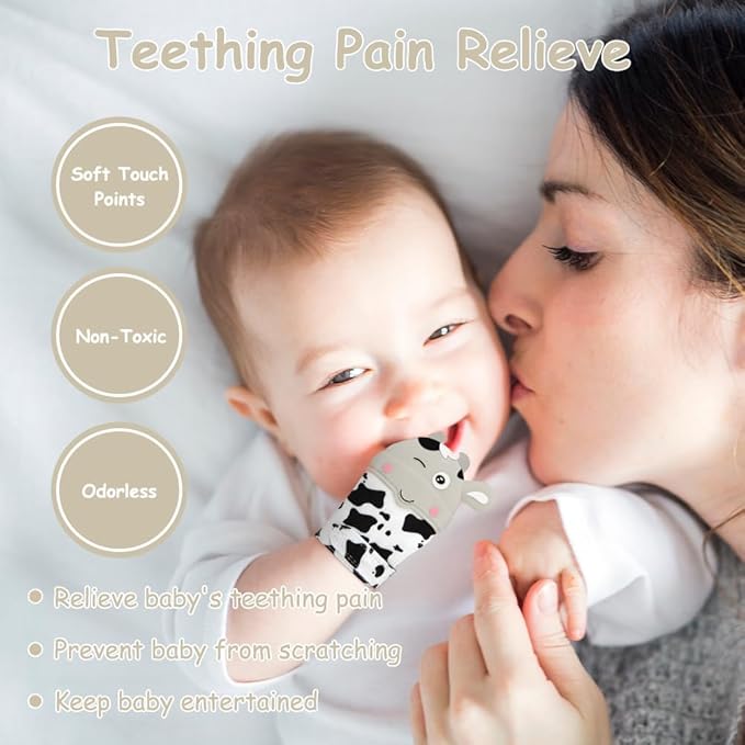 2Pack Silicone Teething Mitt, Cow Baby Teething Toy for 0-6 6-12 Months, Food Grade Silicone Infant Teething Mitten, BPA-Free Baby Chew Toys for Pain Relief, Sucking Needs