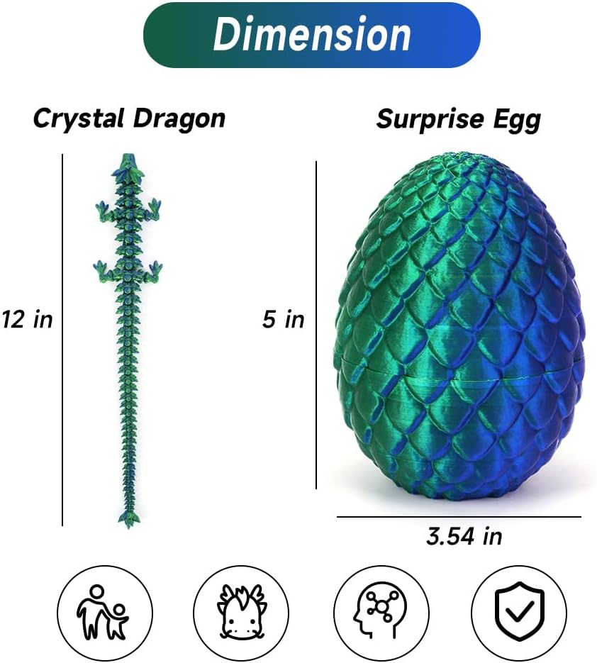 3D Printed Dragon Egg, Mystery Crystal Dragon Egg Fidget Toys Surprise, Articulated Crystal Dragon Eggs with Dragon Inside (Laser Green)