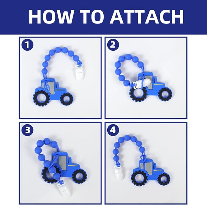 Baby Food Grade Silicone Tractor Truck Teether Toy with Pacifier Clip Holder,Teething Toys Gift Set for 3 Months+ Boys and Girls,Freezer Safe,BPA Free. (Blue)