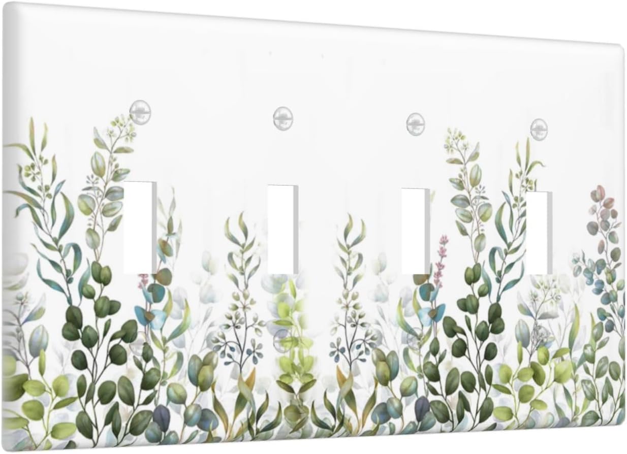 Green Eucalyptus Leaf Plant Herbs Springnature Light Switch Covers Quad Toggle Electrical Faceplate 4 Gang Wall Plate Decorative Switch Plates for Bed Room Living Room Decor