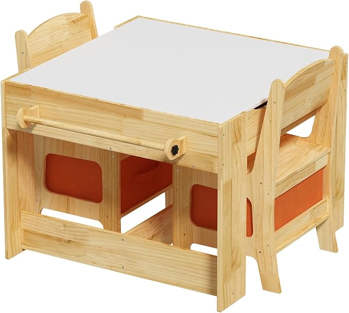Pinewood Kids Table and Chair Set, 3 in 1 Toddlers Wooden Art Activity Table Desk with Chairs and Storage, Children Removable Tabletop, Blackboard, Natural
