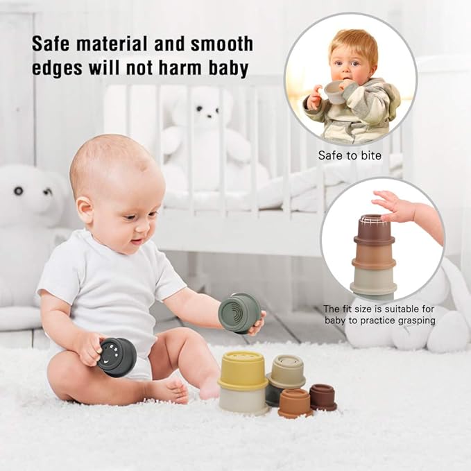 BOBXIN Stacking Cups Baby Building/Bathtub/Beach Toy, Nesting Cup Early Educational Montessori Toddlers Stacking Toy, 8 Pcs with Numbers & Pattern, Fun for Kid Baby 6-12 Months Play for Indoor/Outdoor