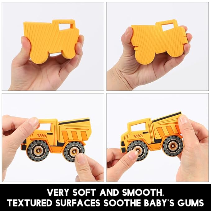 Baby Food Grade Silicone Carrier Vehicle Teether Toy with Pacifier Clip Holder,Teething Toys Gift Set for 3 Months+ Boys and Girls,Freezer Safe,BPA Free. (Dump Truck)