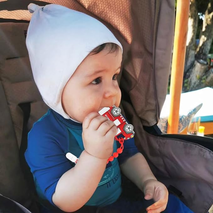Fire Rescue Truck Teether, Baby Construction Vehicles Teething Toys, Food Grade Silicone Teether with One-Piece Pacifier Clip Holder, BPA Free, Freezer Safe, 3 Months+, Fire Rescue Truck color