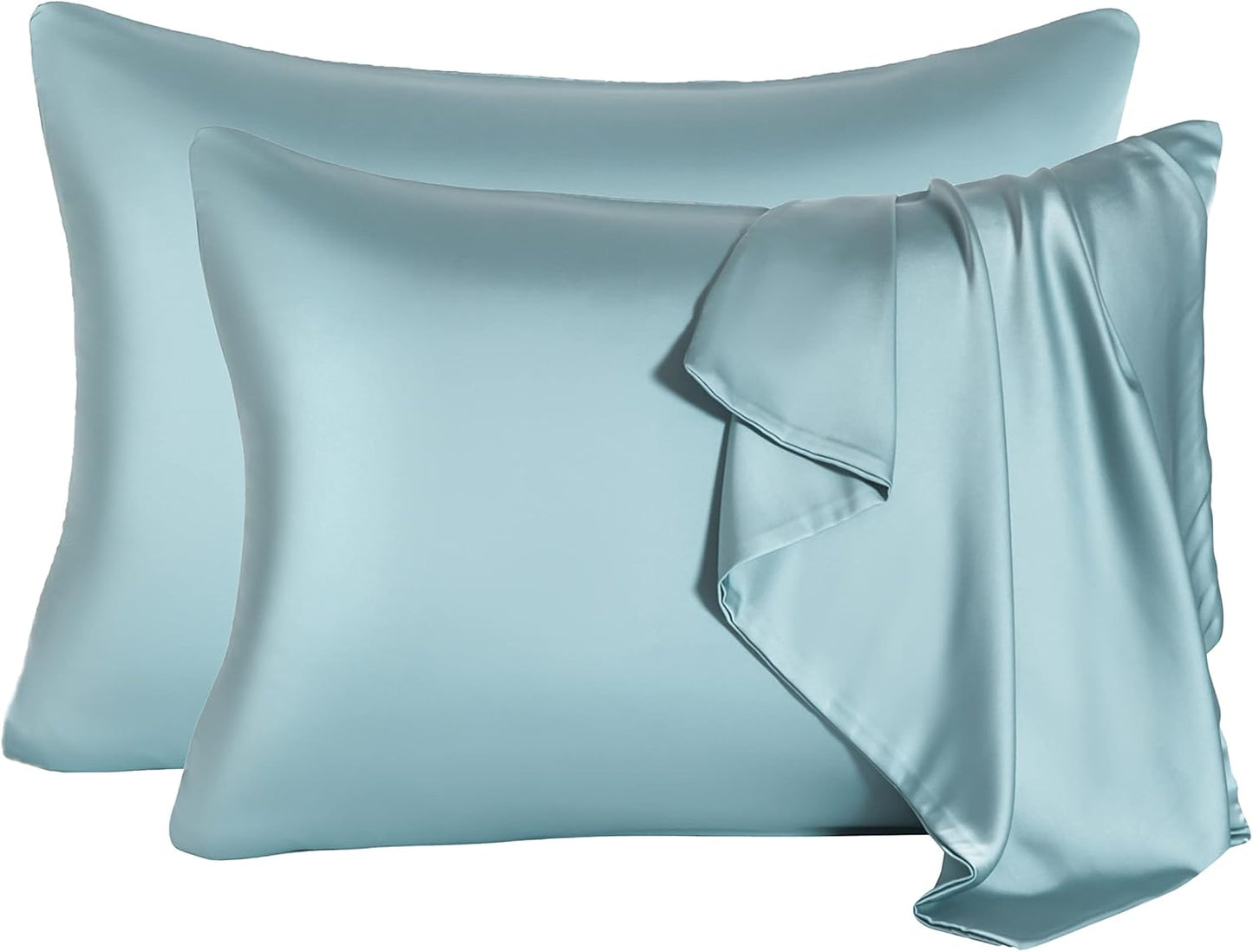 2 Pcs Mulberry Silk Pillowcase for Hair and Skin,Cooling Silk Pillow Case with Hidden Zipper,Allergen Proof Dual Sides Soft Breathable Smooth Silk Pillow Cover for Women.(Standard-2PCS,Aqua Blue)