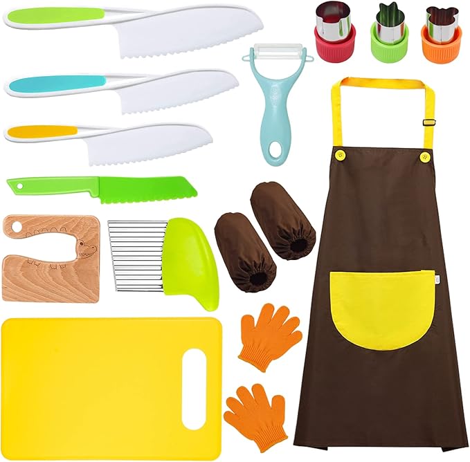 14 Pieces toddler knife, Kids Knife Set Include Wood Kids Safe Knife, Plastic Toddler Knife, Cutting Board, Apron, Y Peeler, Crinkle Cutter, Kitchen Sleeves Covers, Gloves, Sandwich Cutter