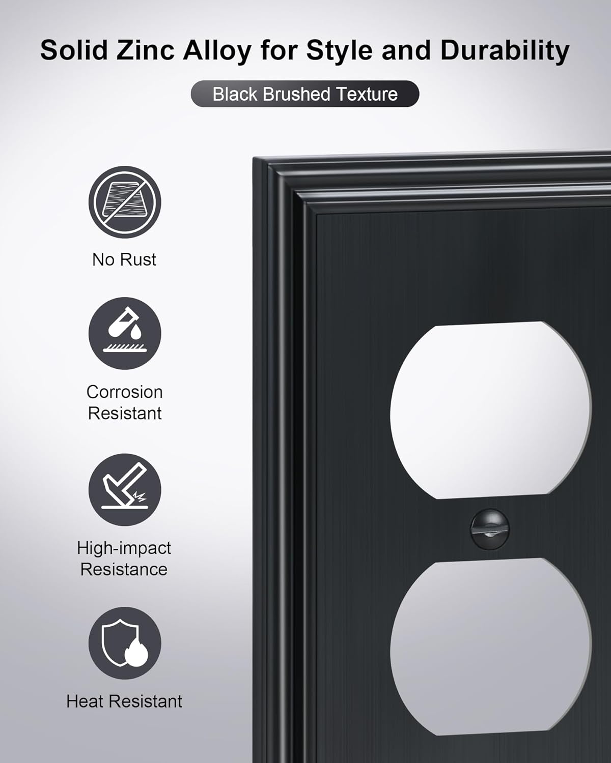 4-Pack Duplex Outlet Cover, Durable Solid Zinc Alloy Decorative Switch Plates and Outlet Covers, Black Wall Plates for Electrical Outlets, 1 Gang Receptacle Cover, Corrosion Resistant