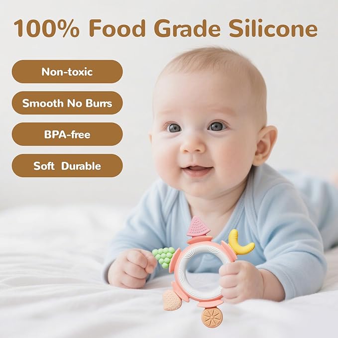 Hooku Silicone Teethers for Babies 6-12 Months, Teething Toys for Babies 0-6 Months, Baby Fruit Teethering Rings, BPA Free Baby Chew Toys, Infants Gifts