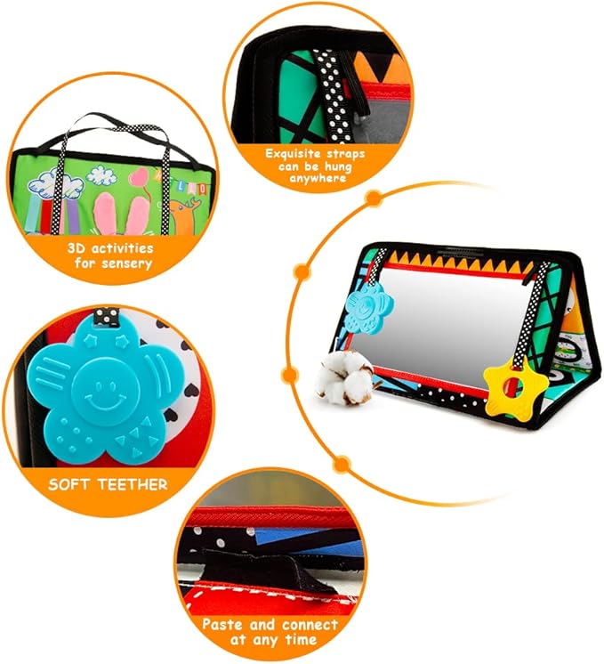 beetoy Tummy Time Baby Mirror Toys with Black and White Pattern, High Contrast 3D Activity Play Crinkle Toys Baby Mirror for Newborn 0 3 6 Months