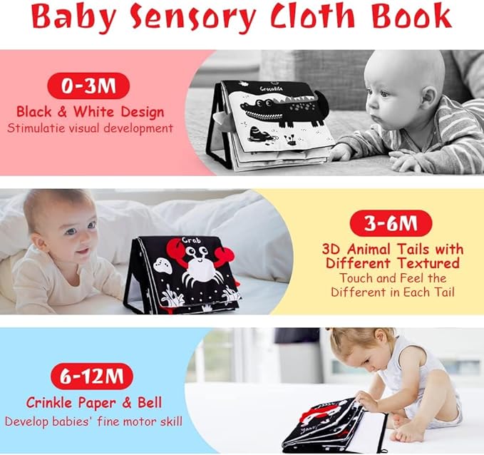 Tummy Time Mirror, Baby Tummy Time Toys with Soft Book, Black and White High Contrast Baby Toys, 3D Activity Sensory Montessori Toys Crawling Mat