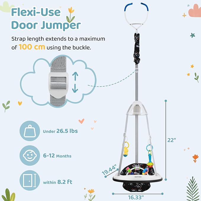 Slevoo Baby Jumper, Baby Door Jumper with Bumper, Play Tray and Two Jingle Rattles, Quiet Bear