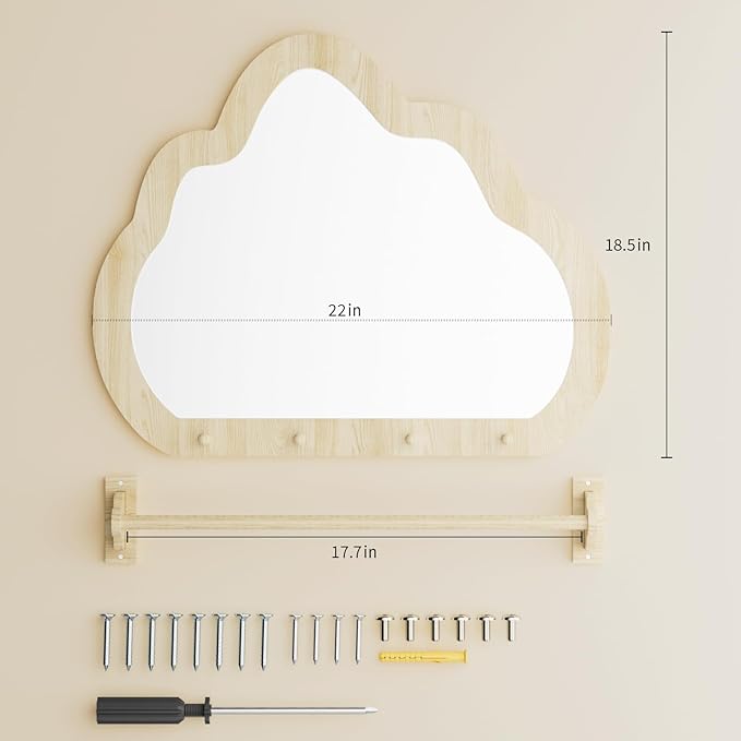 Montessori Mirror with Bar, Baby Pull to Stand Toys, Easy Assembly Natural Frame, Adjustable Infant Mirror, Montessori Furniture for Toddler 6-18 Months-Natural