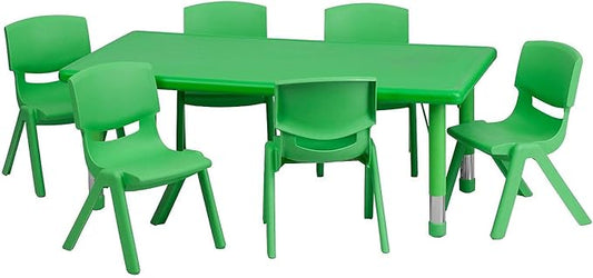 Flash Furniture Emmy 24''W x 48''L Rectangular Green Plastic Height Adjustable Activity Table Set with 6 Chairs