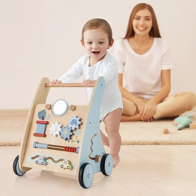 HONEY JOY Baby Push Walker, Wooden Infant Walker Activity Center with Shape Sorter, Develop Motor Skills & Creativity, Push Toys for Babies Learning to Walk, Gift for Boys and Girls, Blue