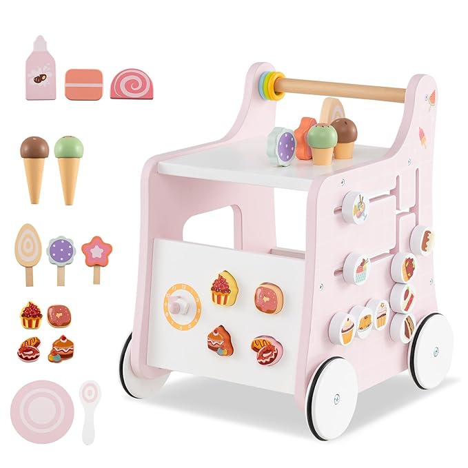 BABY JOY 2-in-1 Wooden Baby Walker, Montessori Activity Center w/Storage, Wheels, Kids Dessert Shop Walking Toy w/Ice Cream, Slider, Maze, Plate, Push Walker for Boys and Girls 1+ Years Old (Pink)