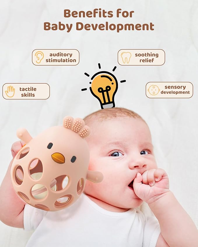 2-in-1 Baby Teething Rattle Toy, Sensory Grasping Teether for Infants 3-12 Months, 100% Food-Grade Silicone, Easy to Hold, Soothing & Developmental, BPA Free