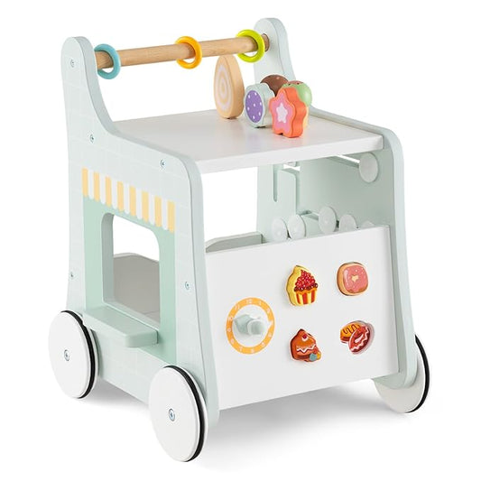 HONEY JOY Baby Push Walker, 8-in-1 Wooden Kids Ice Cream Cart & Activity Walker, Develop Motor Skills & Creativity, Dessert Shop Push Toys for Babies Learning to Walk, Gift for Boys and Girls (Green)