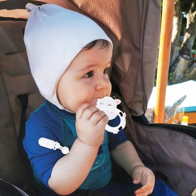 Baby Teething Toys,Food Grade Silicone Teether with One-Piece Pacifier Clip Holder,Shower Gift,Highly Effective Pain Relief for 3 Months+ Boy and Girl,BPA Free,Freezer Safe. (White Cow)