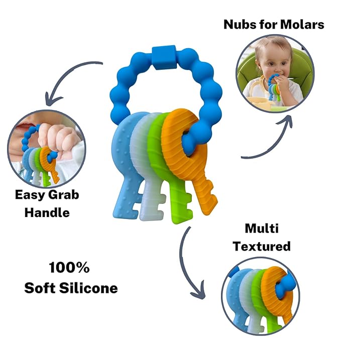 Baby Keys Teether Toys,Silicone Teething Toys for 3-18+ Months,Teething Keys Toy for Infants-Soft & Raised Texture to Soothe Gums,BPA Free (4Colors)