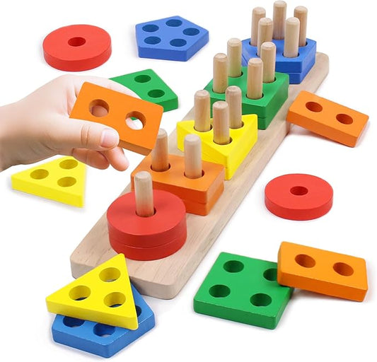 Montessori Toys for 1 2 3 Year Old - Wooden Baby Stacking Toys Sensory Educational Shape Sorter Color Sorting Toy for Toddlers 1-3, Christmas Stocking Stuffers Birthday Gifts for Baby Girls Boys Kids