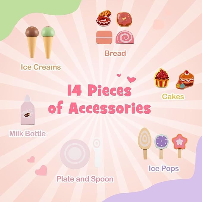 HONEY JOY Baby Push Walker, 8-in-1 Wooden Kids Ice Cream Cart & Activity Walker, Develop Motor Skills & Creativity, Dessert Shop Push Toys for Babies Learning to Walk, Gift for Boys and Girls (Pink)