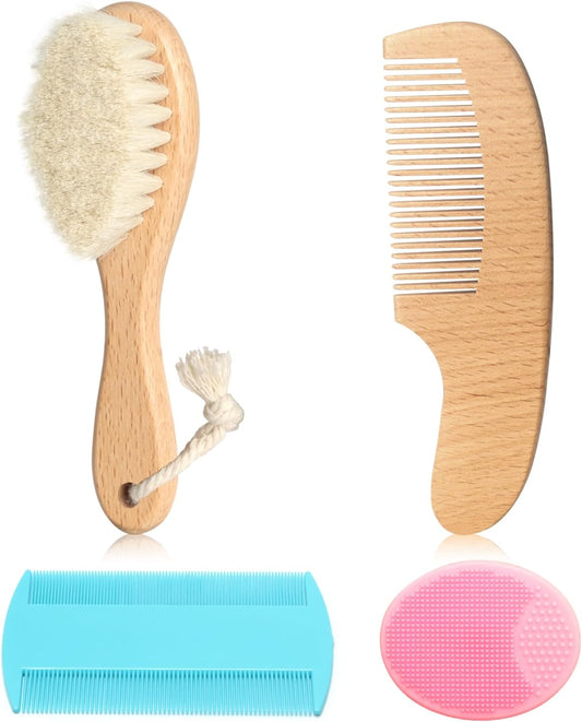 Goat Baby Hair Brush Set, Safe Natural Hair Care Kit with Wooden Soft Goat Bristles Brush Comb Pink Silicone Bath Brush for Newborns Toddlers (4pcs Set)