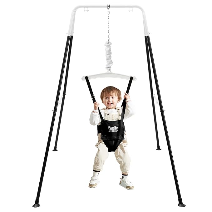 FUNLIO Baby Jumper with Stand for 6-24 Months, Toddler Jumper for Indoor/Outdoor Play, Infant for Baby Girl/Boy, with Adjustable Chain, Easy to Assemble & Store (with Stand) - Black