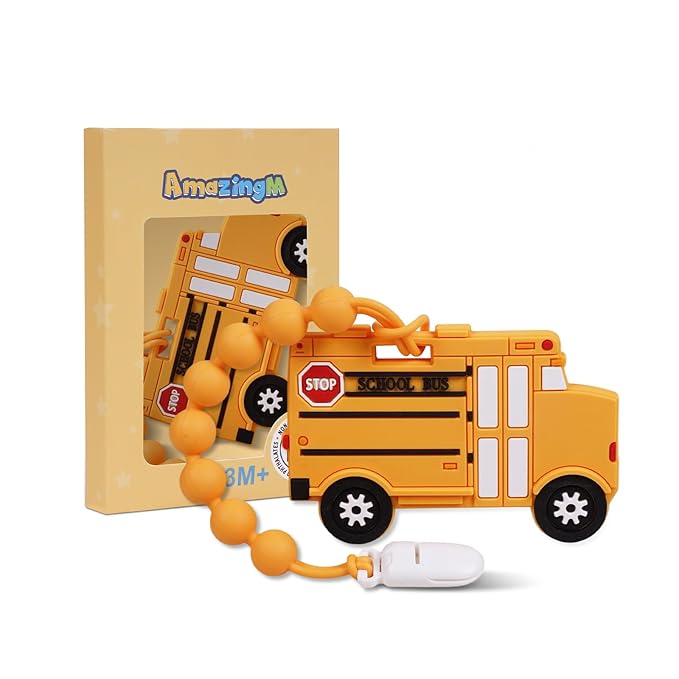 Baby Food Grade Silicone Carrier Vehicle Teether Toy with Pacifier Clip Holder,Teething Toys Gift Set for 3 Months+ Boys and Girls,Freezer Safe,BPA Free.(School Bus)