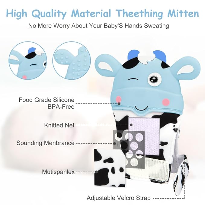 2Pack Silicone Teething Mitt, Cow Baby Teething Toy for 0-6 6-12 Months, Food Grade Silicone Infant Teething Mitten, BPA-Free Baby Chew Toys for Pain Relief, Sucking Needs