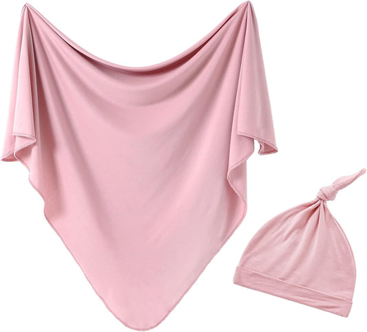 iEvolve Cotton Knitted Baby Swaddle Blanket with Hat Headband Set Newborn Swaddle Wrap Receiving Blankets for Baby Girl Boy 45" x 45"(Pink)