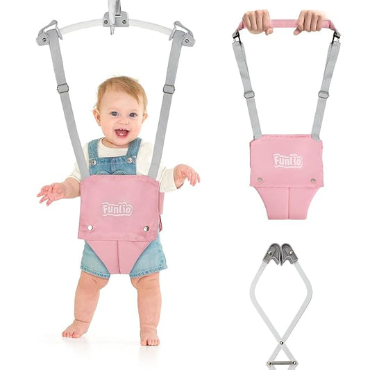 FUNLIO 2 in 1 Baby Door Jumper with Door Clamp, Baby Walking Harness for 6-24 Months, Infant Jumper Doorway with Strong Spring & Adjustable Strap, Easy to Assemble & Store - Pink