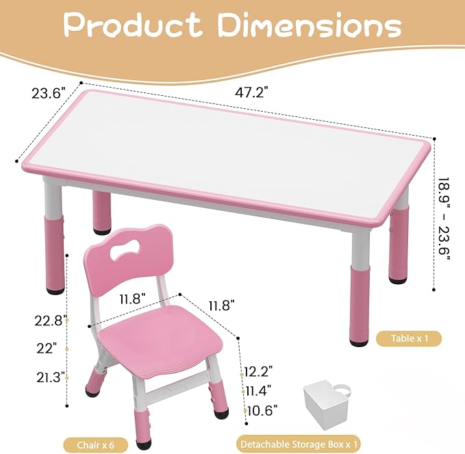 IDEALHOUSE Kids Table and 6 Chairs Set, Height Adjustable Toddler Table and Chair Set, Graffiti Desktop, Children Study Table for 6 for Home Daycare Preschool for Ages 2-10, Pink