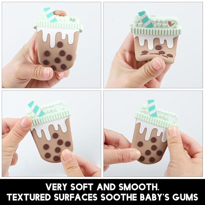 Baby Teething Toys,Food Grade Silicone Teether with One-Piece Pacifier Clip Holder,Shower Gift,Highly Effective Pain Relief for 3 Months+ Boy and Girl,BPA Free,Freezer Safe. (Bubble Tea Cup)