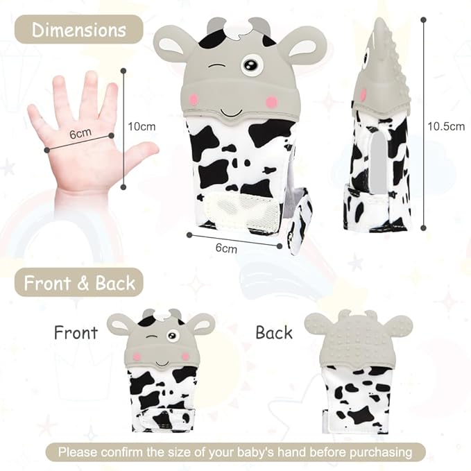 2Pack Silicone Teething Mitt, Cow Baby Teething Toy for 0-6 6-12 Months, Food Grade Silicone Infant Teething Mitten, BPA-Free Baby Chew Toys for Pain Relief, Sucking Needs
