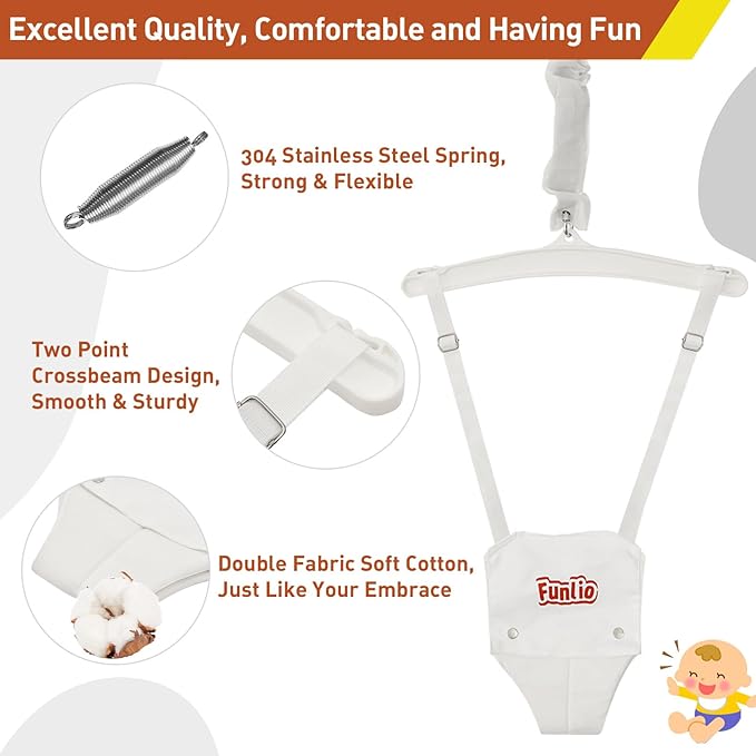 FUNLIO Baby Jumper with a Ceiling Hook for 6-24 Months, Infant Jumper Doorway with Adjustable Chain, Baby Door Jumper for Indoor/Outdoor Play, Easy to Assemble & Store (with a Ceiling Hook) - White