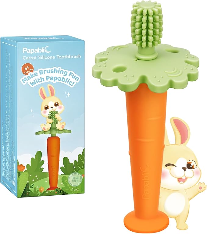 Papablic Baby Toothbrush Teether, Teething Toys 6-12 Months, 360° Carrot Teether Baby Stuffers for Toddler Infant, Toothbrush with Suction Base