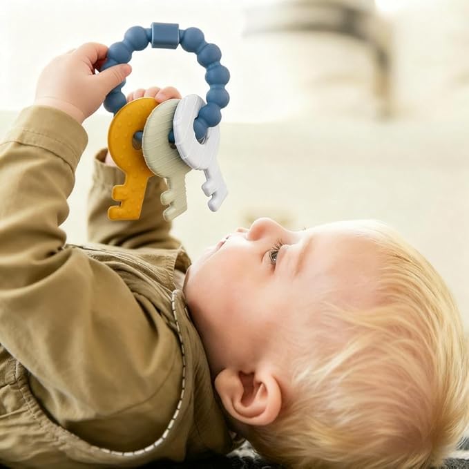 Baby Keys Teether Toys,Silicone Teething Toys for 3+ Months,Teething Keys Toy for Infants-Soft & Raised Texture to Soothe Gums,BPA Free (Deep Blue)