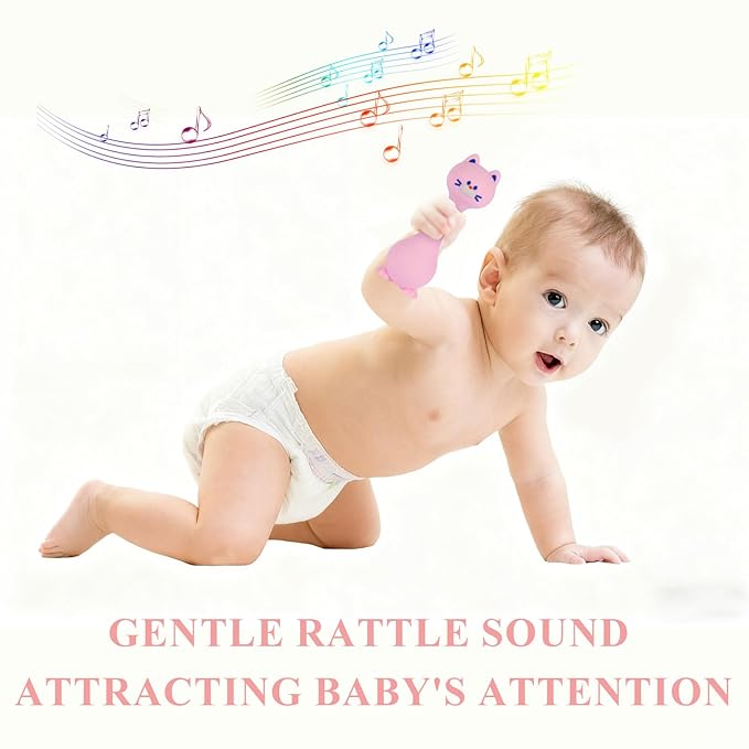 Baby Rattle Teething Toys Cat Silicone Teether Rattles for Baby 0-36 Months Food Grade Silicone (Pink)