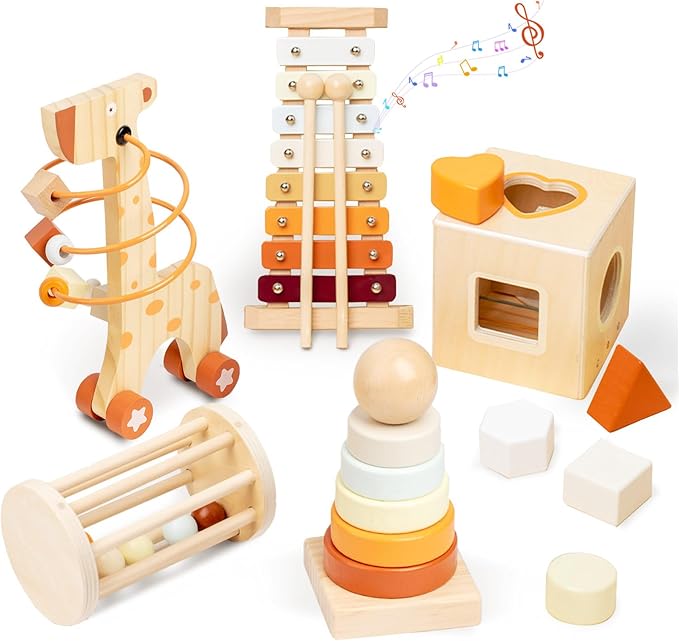Wooden Montessori Toys Set for Toddlers,Wooden Toy Set for Babies Educational Object Permanence Box,Xylophone(Glockenspiel),Stacking,Rattle Birthday Gift for Boys Girls Ages 1 2 3 4 5