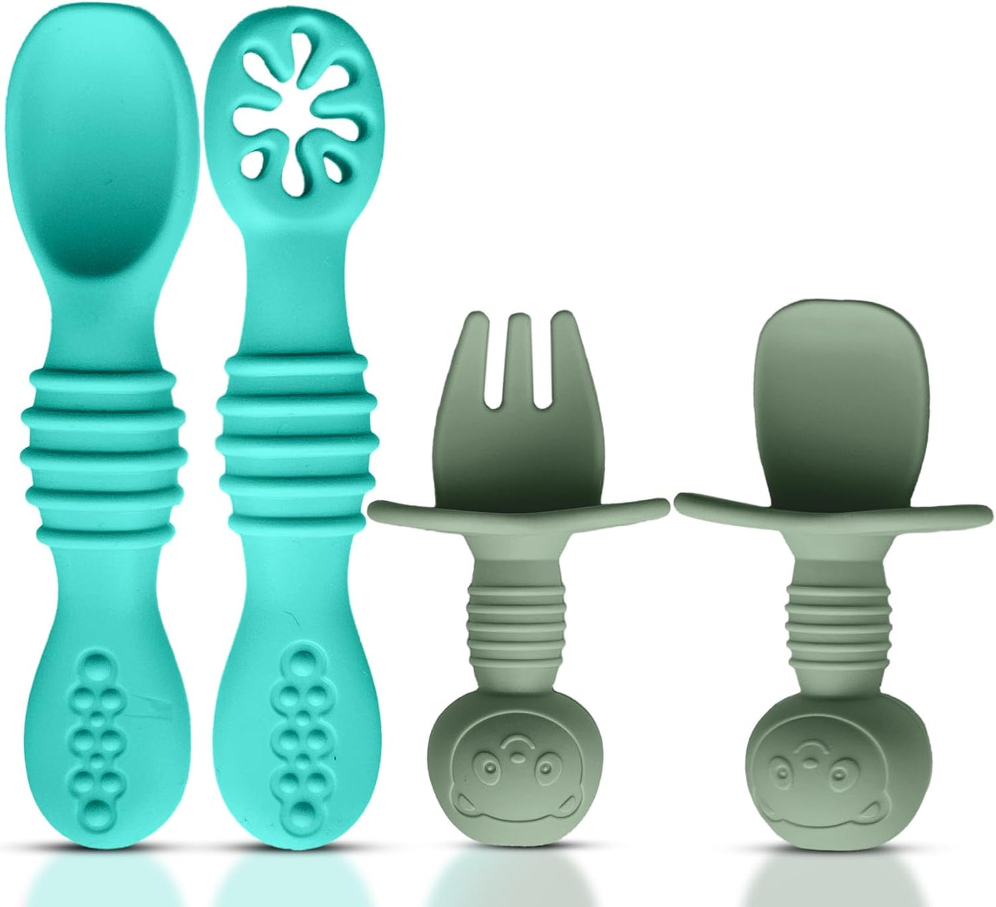 4pc Silicone Baby Spoons Self Feeding Baby Utensils 6-12 Months - 3 Baby Spoon - 1 Baby Fork - Toddler Cutlery Set - BPA Free, Dishwasher Safe - Baby Eating Essentials (Turquoise/Pickle)