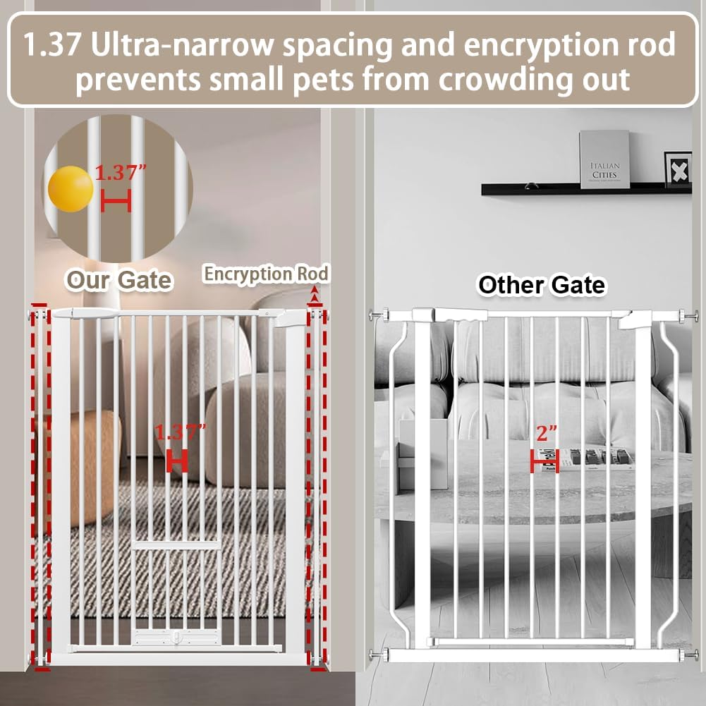 40.55" Tall 1.37" Ultra Narrow Spacing 73.43"-81.30" Extra Wide Dogs Pets Baby Gate with Cat Door for Doorway Safety Proof Indoor Puppy Pressure Mounted No Drill White Black Metal Hallway