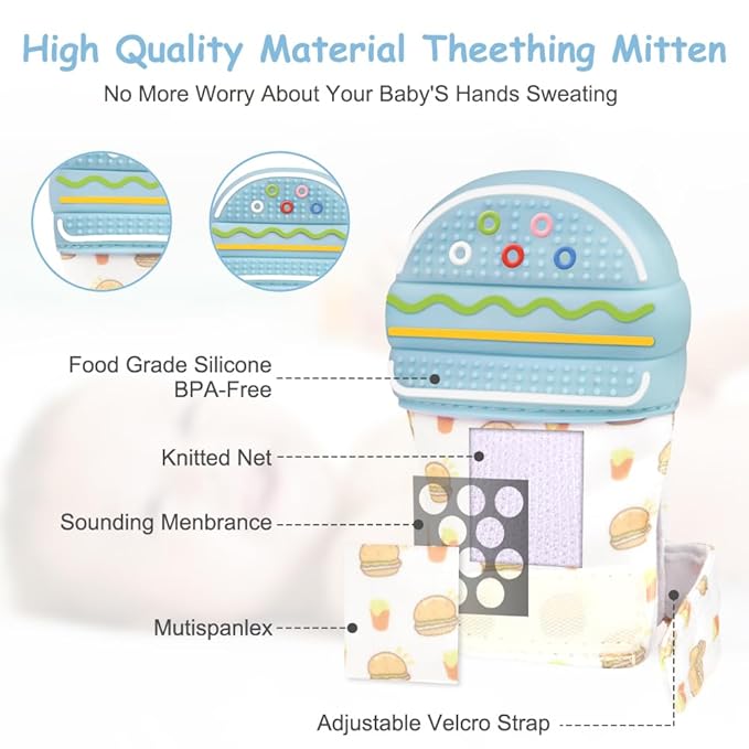 2Pack Silicone Teething Mitt, Hamburger Baby Teething Toy for 0-6 6-12 Months, Food Grade Silicone Infant Teething Mitten, BPA-Free Baby Chew Toys for Pain Relief, Sucking Needs