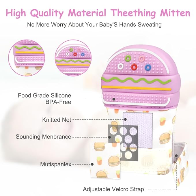 2Pack Silicone Teething Mitt, Hamburger Baby Teething Toy for 0-6 6-12 Months, Food Grade Silicone Infant Teething Mitten, BPA-Free Baby Chew Toys for Pain Relief, Sucking Needs