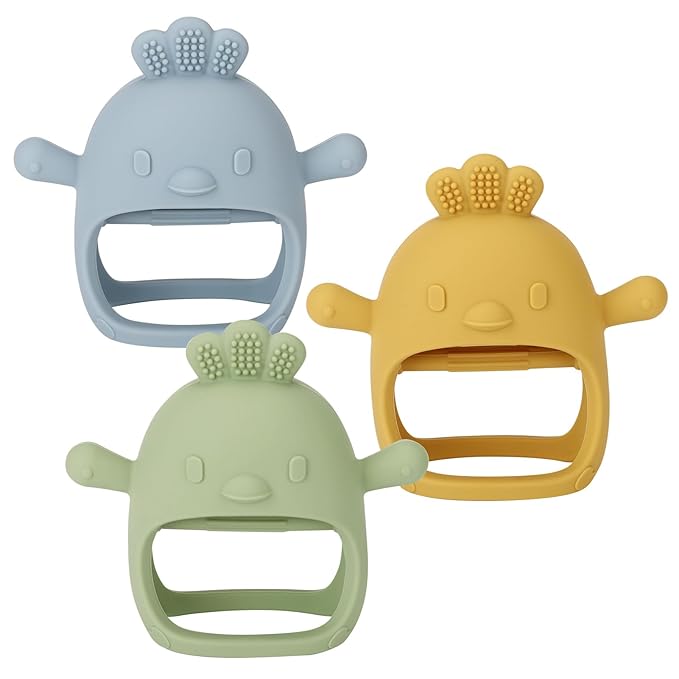 Socub 3 Pack Silicone Baby Teether Toys for Infants 3+ Months, BPA Free Anti-Drop Silicone Mitten Teething Toy for Soothing Sore Gums, Baby Chew Toys for Sucking Needs, Olive,Dusty Blue,Mango