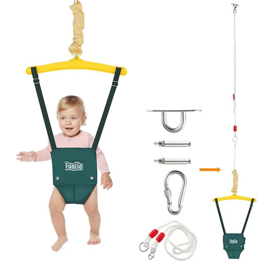 FUNLIO Baby Jumper with a Ceiling Hook for 6-24 Months, Baby Door Jumper for Indoor/Outdoor Play, Infant Jumper Doorway with Adjustable Chain, Easy to Assemble & Store (with a Ceiling Hook) - Green