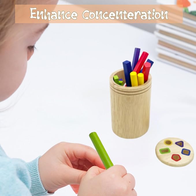 Wooden Montessori Sticks Toys for Kids, 8 Colors Natural Wood Toddler Learning Sorting Toys for 3 Year Old, Sensory Matching Game Birthday Gifts for Boys Girls (Multi-Shaped Stick)