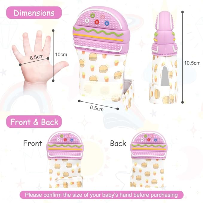 2Pack Silicone Teething Mitt, Hamburger Baby Teething Toy for 0-6 6-12 Months, Food Grade Silicone Infant Teething Mitten, BPA-Free Baby Chew Toys for Pain Relief, Sucking Needs